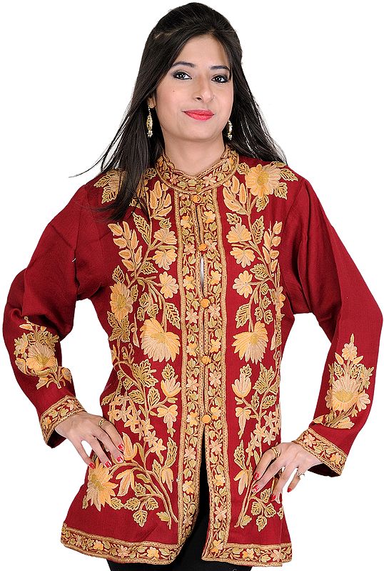 Maroon Jacket from Kashmir with Floral Aari Embroidery
