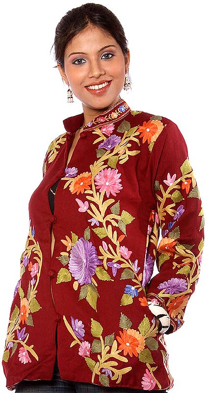 Maroon Jacket from Kashmiri with Aari Embroidered Flowers