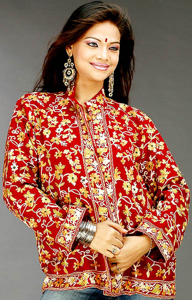 Maroon Kashmiri Jacket with All-Over Aari Embroidery