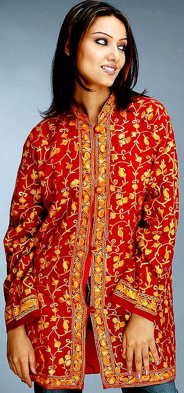 Maroon Kashmiri Jacket with All-Over Embroidery