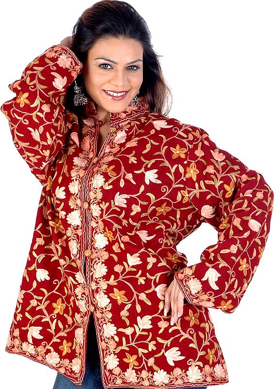 Maroon Kashmiri Jacket with All-Over Floral Embroidery