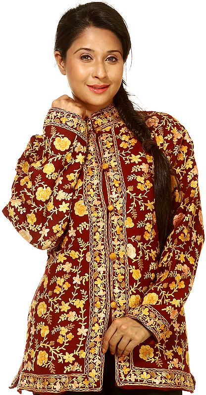 Maroon Kashmiri Jacket with Floral Embroidery All-Over