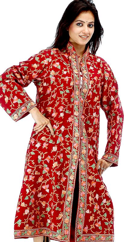 Maroon Kashmiri Long Jacket with Floral Embroidery