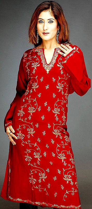 Maroon Kashmiri Phiran with All-Over Embroidery