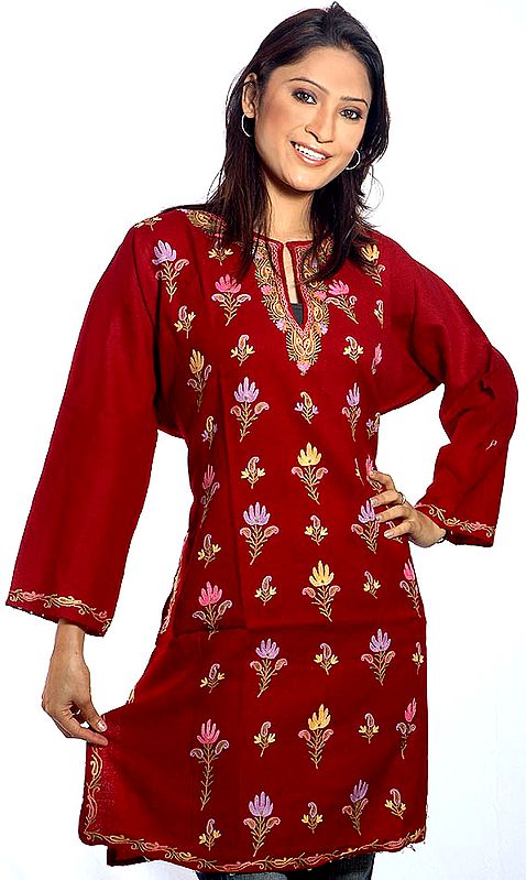 Maroon Kashmiri Phiran with Crewel Embroidered Flowers All-Over