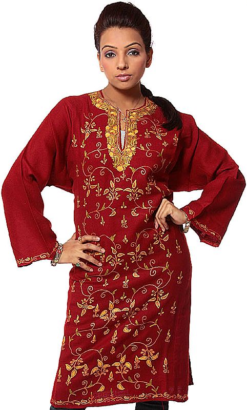 Maroon Kashmiri Phiran with Crewel Embroidery All-Over