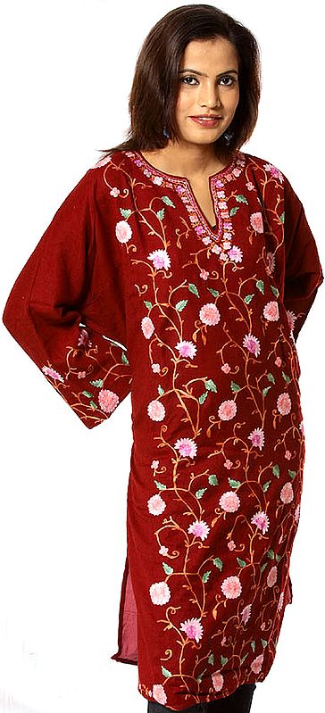 Maroon Kashmiri Phiran with Embroidered Flowers All-Over