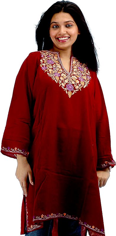 Maroon Kashmiri Phiran with Floral Embroidery