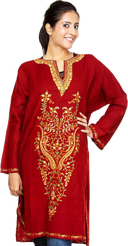 Maroon Kashmiri Phiran with Hand-Embroidery on Front