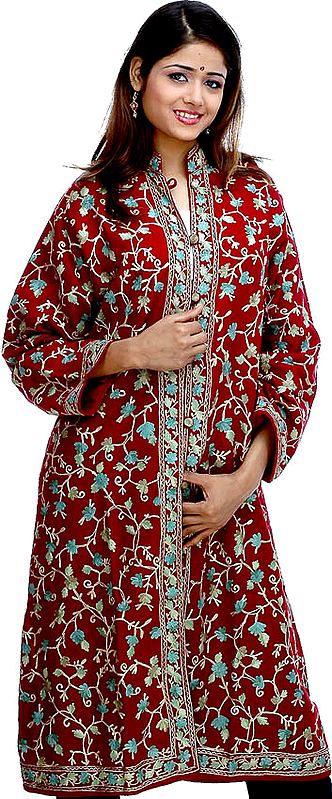 Maroon Long Aari Jacket With Jall Embroidery