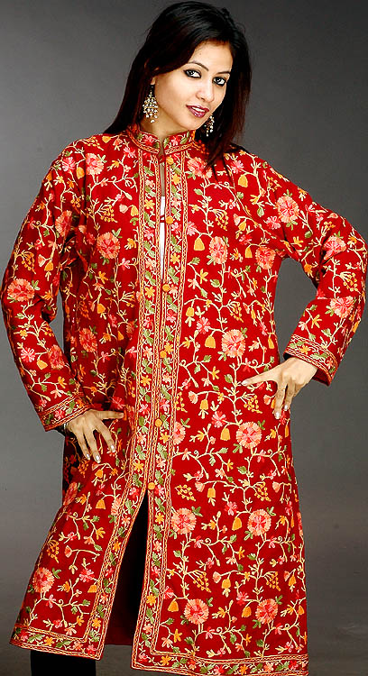 Maroon Long Floral Aari Jacket Embroidered in Kashmir