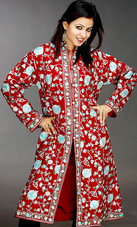 Maroon Long Floral Aari Jacket Embroidered in Kashmir