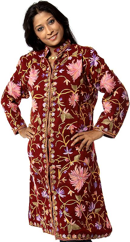 Maroon Long Floral Jacket from Kashmir with Large Embroidered Flowers