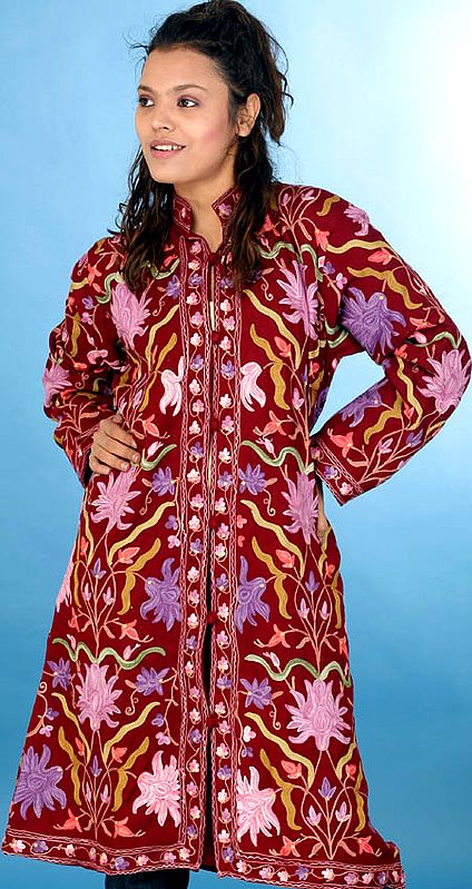 Maroon Long Floral Jacket with Aari Embroidery from Kashmir