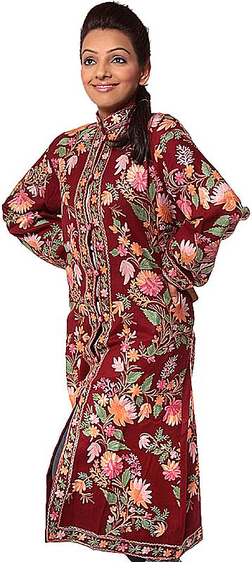 Maroon Long Jacket from Kashmir with Embroidered Flowers All-Over