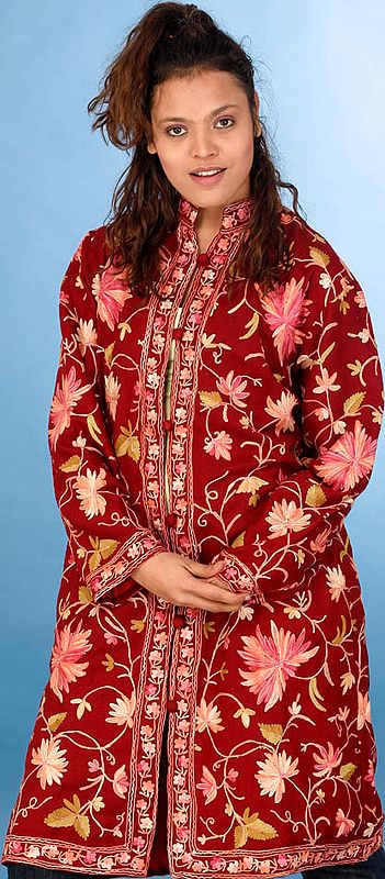 Maroon Long Jacket with All-Over Kashmiri Embroidery