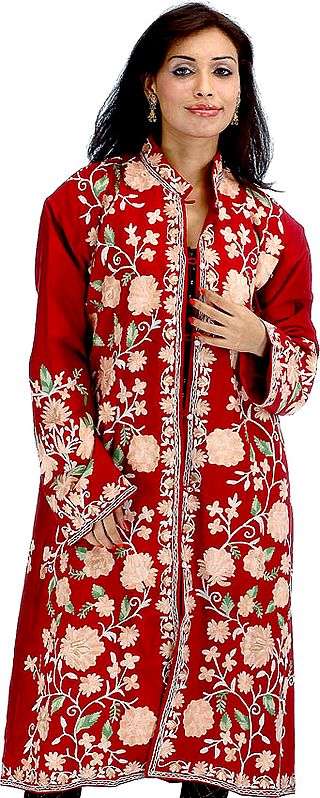 Maroon Long Silk Jacket with Embroidered Flowers All-Over