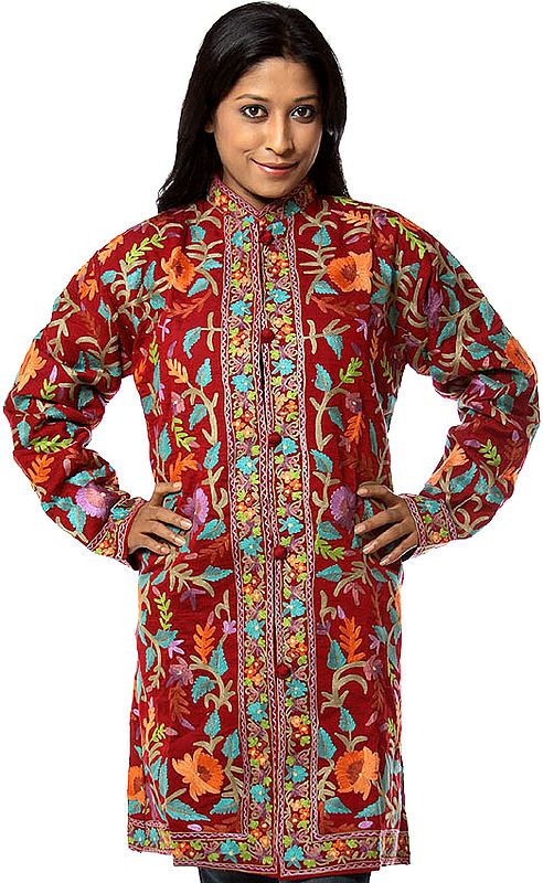 Maroon Long Silk Jacket with Multi-Color Phulkari Embroidery