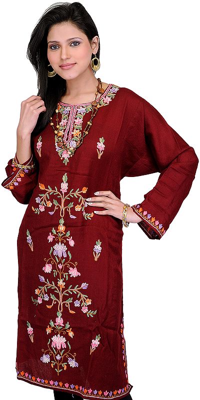 Maroon Phiran from Kashmir with Crewel Embroidered Flowers by Hand