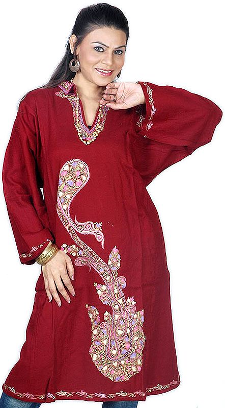 Maroon Phiran from Kashmir with Paisleys Embroidered By Hand
