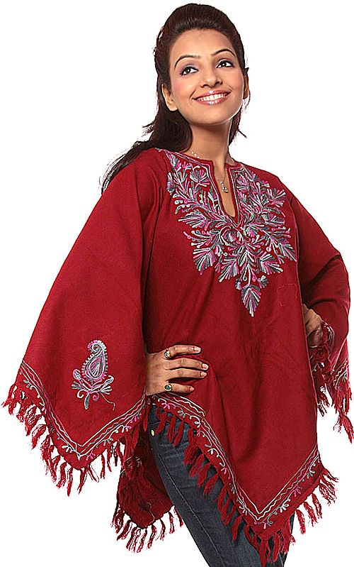 Maroon Poncho with Aari Embroidery on Neck