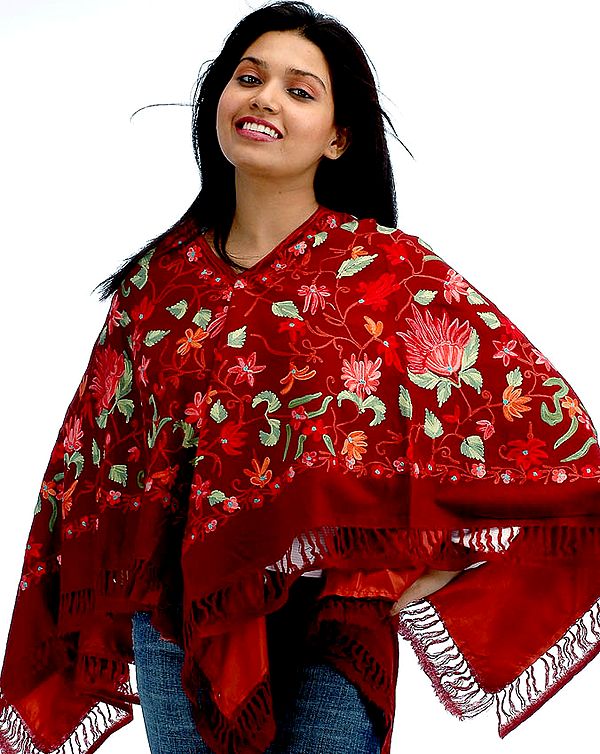 Maroon Poncho with Hand-Embroidered Flowers All-Over