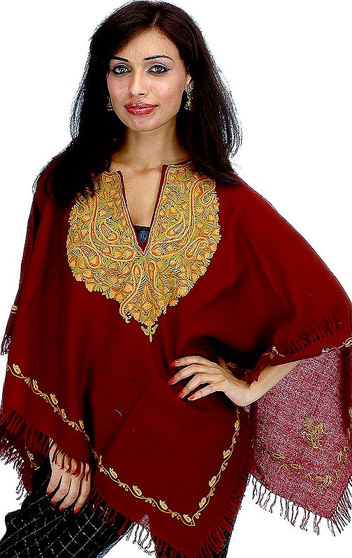 Maroon Poncho with Hand-Embroidery on Neck