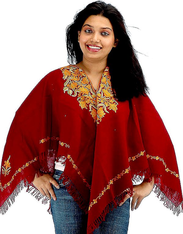 Maroon Poncho with Hand-Embroidery on Neck