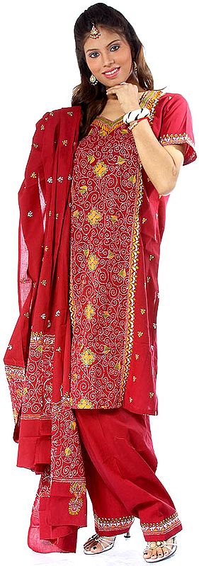 Maroon Salwar Kameez with All-Over Kantha Stitch Embroidery by Hand
