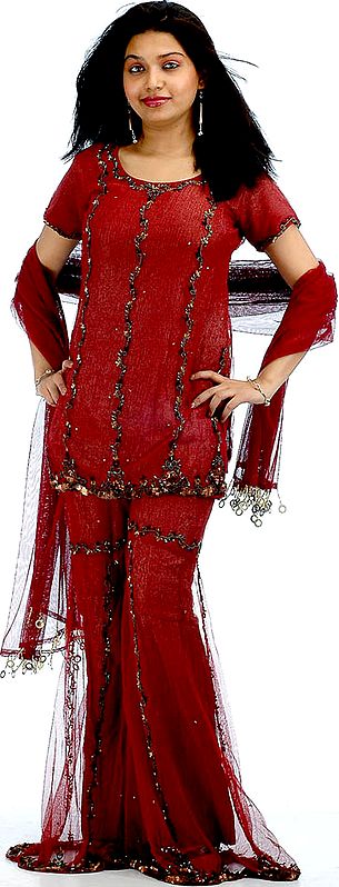 Maroon Sharara Suit with Beads and Sequins