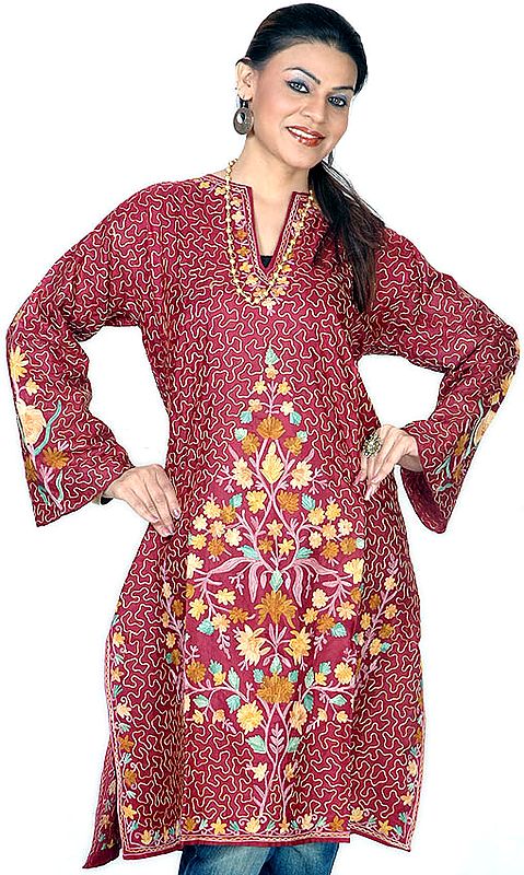 Maroon Silk Kurti Top from Kashmir with All-Over Aari Embroidery