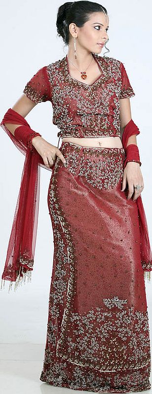 Maroon Tissue Lehenga Choli with All-Over Beads and Sequins