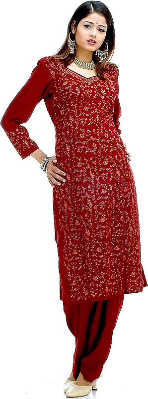 Maroon Two-Piece Kashmiri Salwar Kameez with All-Over Needle Embroidery