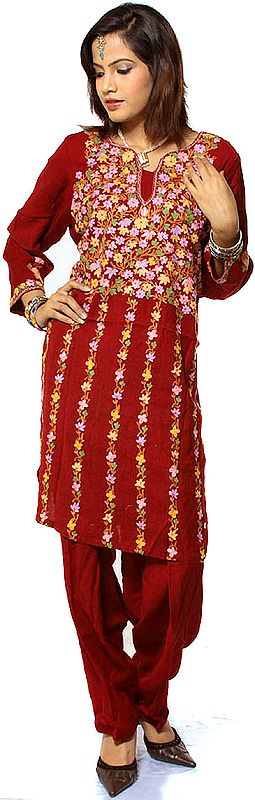 Maroon Two-Piece Kashmiri Salwar Kameez with Aari Embroidered Flowers