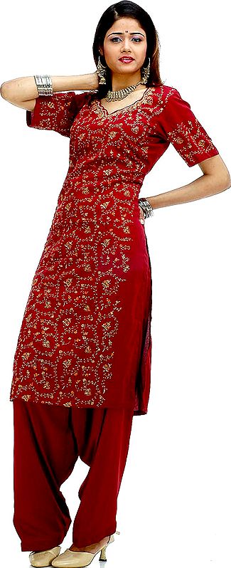 Maroon Two-Piece Salwar with All-Over Kashmiri Embroidery