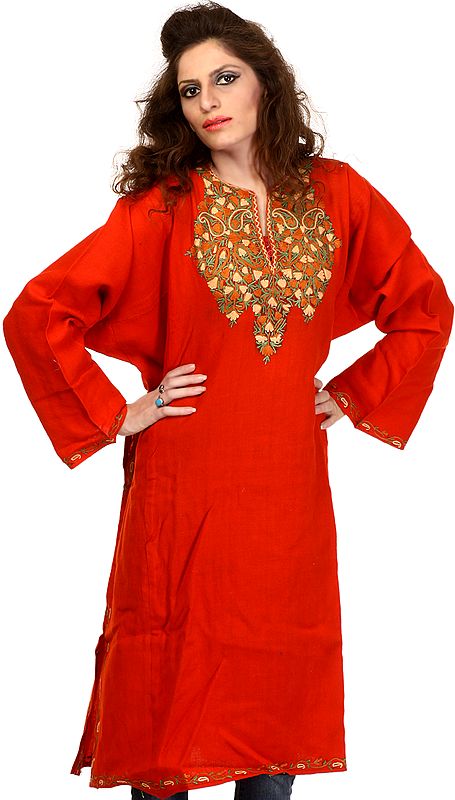 Mars-Red Kashmiri Phiran with Aari Embroidered Flowers on Neck and Border