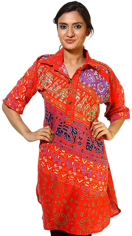 Mars-Red Kurti From Pilkhuwa with Printed Elephants