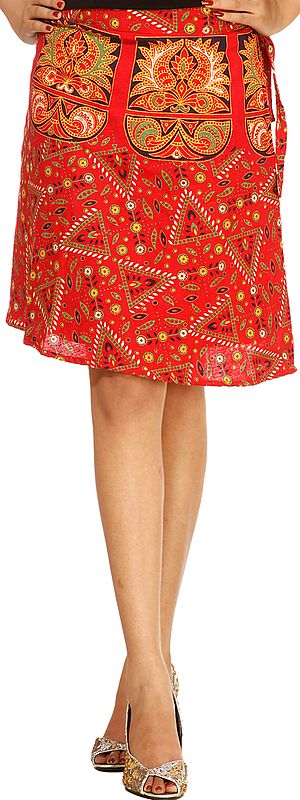 Mars-Red Sanganeri Wrap-Around Mini-Skirt with Printed Motifs