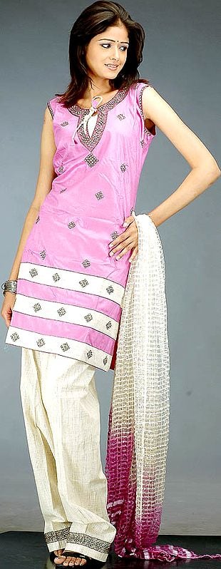 Mauve and Ivory Salwar Kameez Suit with Mirrors