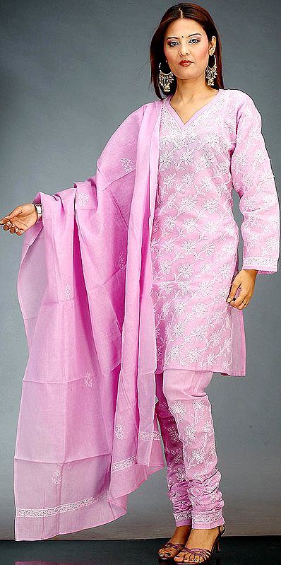Mauve Choodidaar Chikan Suit from Lucknow