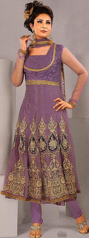 Mauve Flaired Choodidaar Suit with Metallic Thread Embroidery and Golden Border