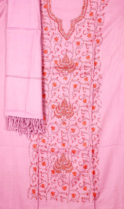 Mauve Hand-Embroidered Suit from Kashmir with Shawl