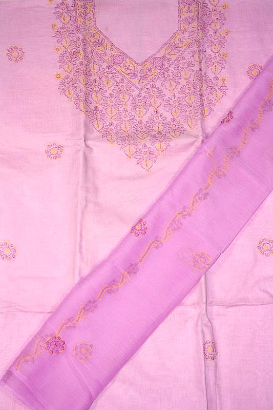 Mauve Salwar Suit Fabric with All-Over Lukhnavi Chikan Embroidery