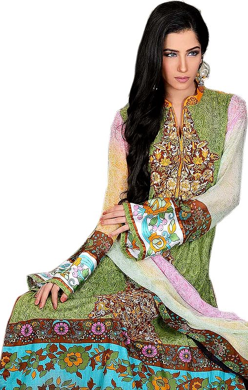 Meadow-Green Long Printed Choodidaar Lawn Suit from Pakistan with Embroidered Patch