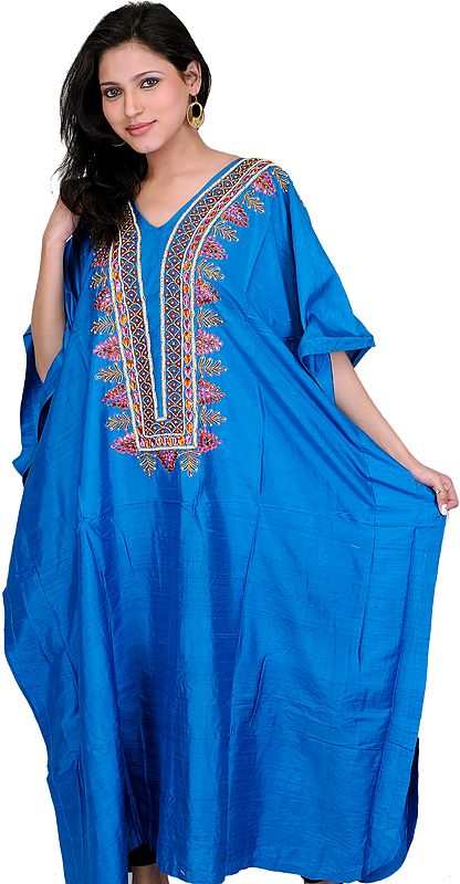 Mediterranian-Blue Kashmiri Kaftan with Embroidered Faux Pearls and Beads