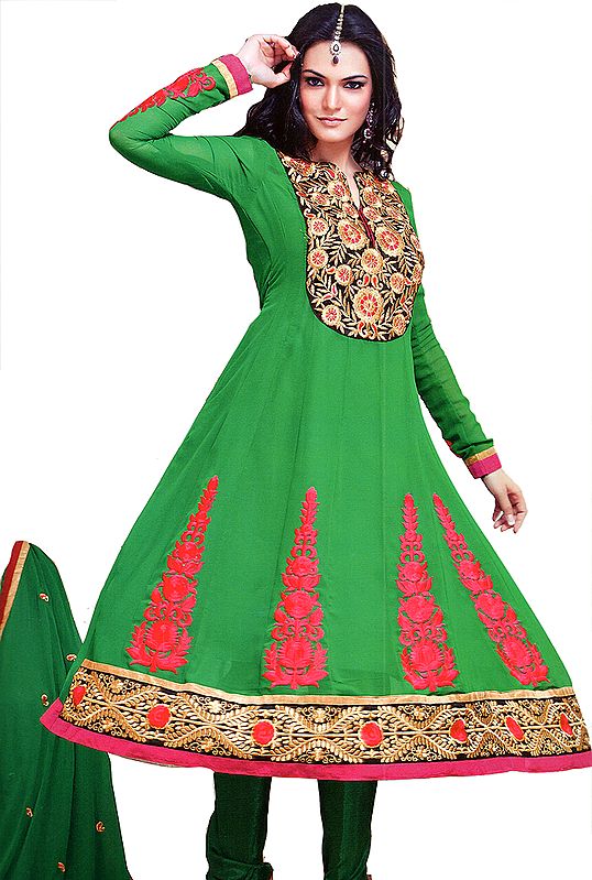 Medium-Green Anarkali Choodidaar Kameez Suit with Metallic Thread Embroidered Flowers on Neck and Patch Border