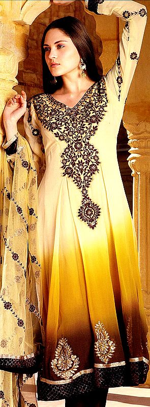Mellow-Yellow and Daffodil Flared Kameez and Choodidaar Suit with Embroidered Flowers on Neck