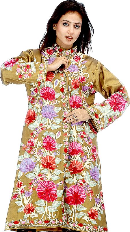 Metallic Gold Long Silk Jacket with Large Flowers