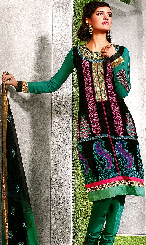 Midnight Black and Green Choodidaar Kameez Suit with All-Over Embroidery and Mokaish Work
