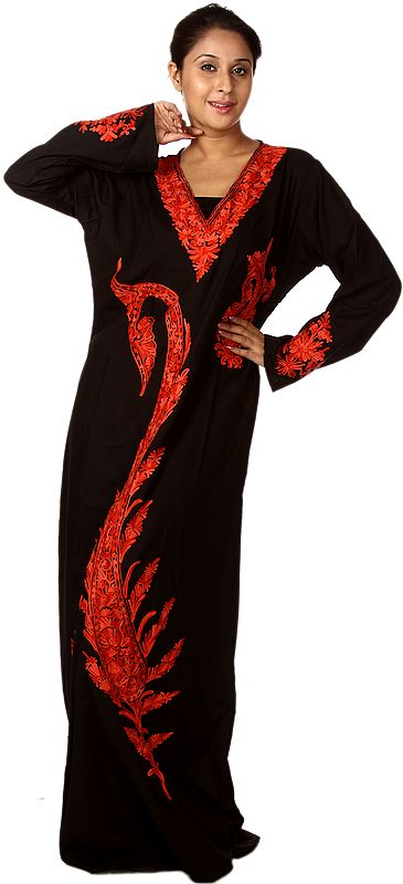 Midnight Black Kashmiri Gown with Giant Embroidered Paisley